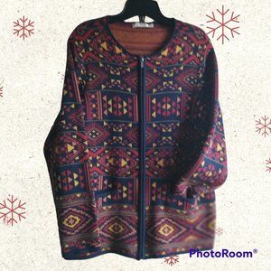 L Alia Vintage knit Aztec geometric print zipper cardigan navy blue